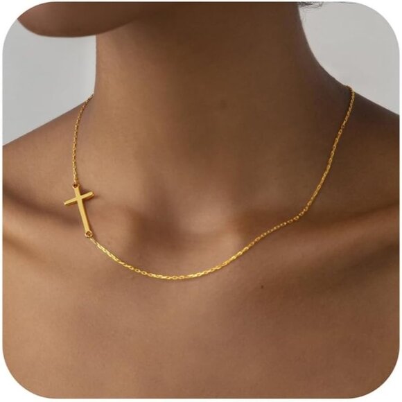 MONOZO Gold - Sideway Cross3 Necklace for Women，14K Gold Plated Cross Necklace - Picture 1 of 7